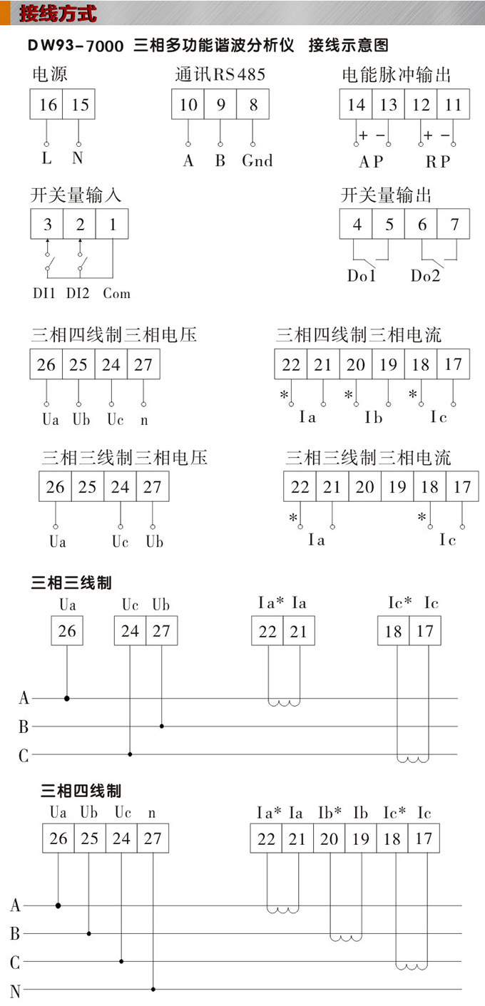 網(wǎng)絡電力儀表,DW93-7000多功能諧波表接線圖