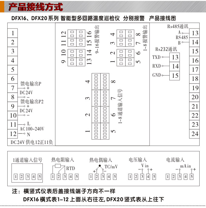 智能溫度巡檢儀，DFX16液晶溫度巡檢儀，多回路巡檢控制儀接線方式1