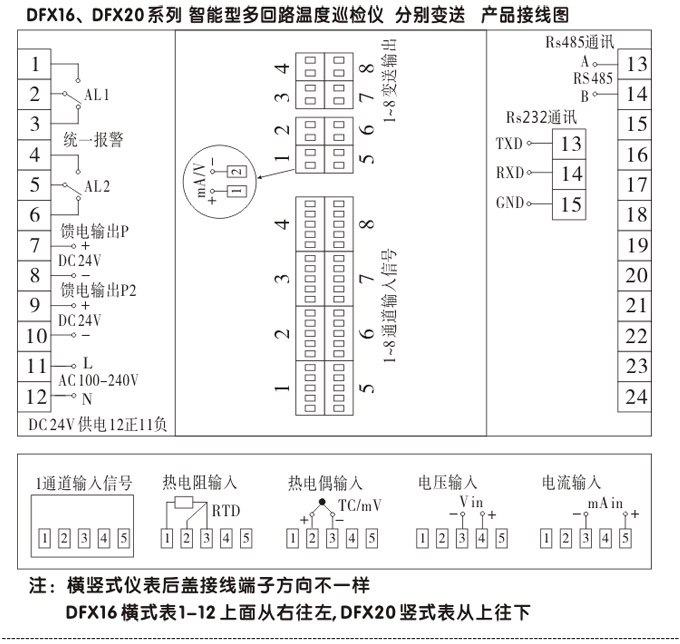 智能溫度巡檢儀，DFX16液晶溫度巡檢儀，多回路巡檢控制儀接線方式2